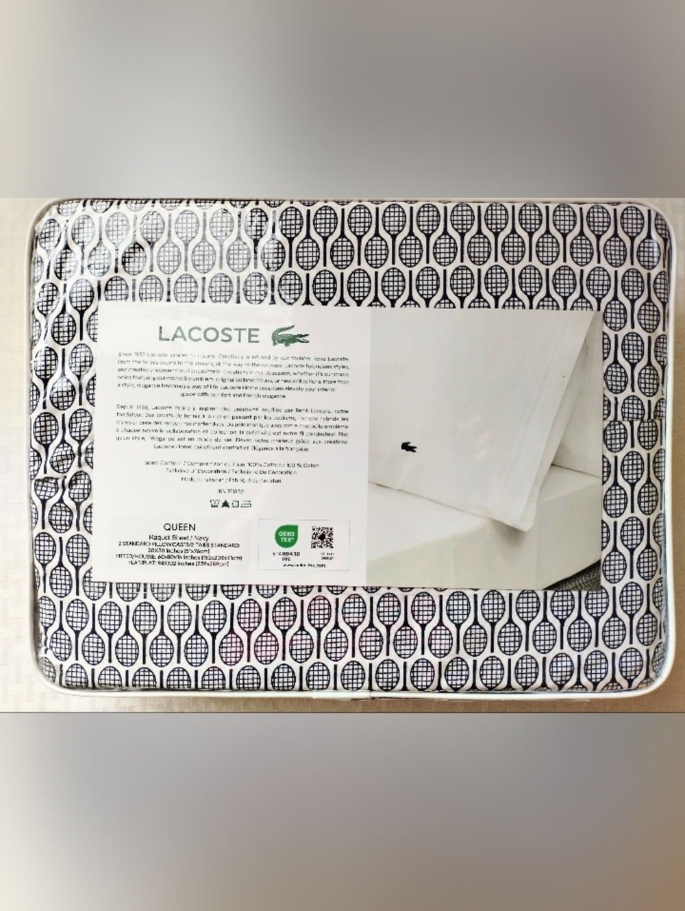 Lacoste Racquet Print Cotton Percale 4-Piece Sheet Set Navy Blue Queen - Picture 5 of 7